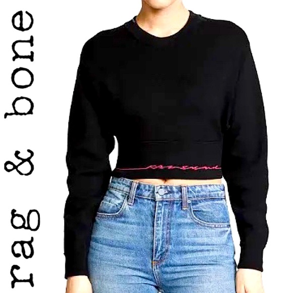 Rag & Bone / JEAN Sharon Knit Top Black Pink Cropped Crewneck Sweater Size XS - Picture 3 of 16